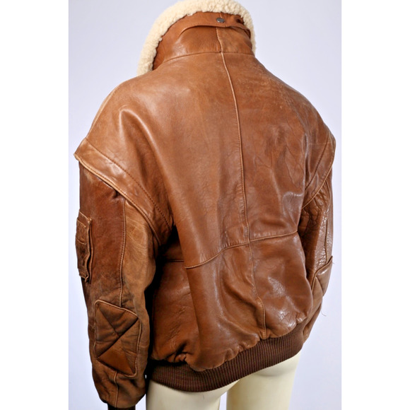 Vintage Midway Brown Leather Zipper Bomber Jacket Size 40 Sheep Shearling Collar - Picture 13 of 16